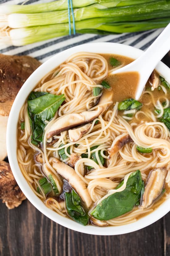 Noodle Miso Soup with Miwa somen noodles, shitake mushrooms, spinach and green onion