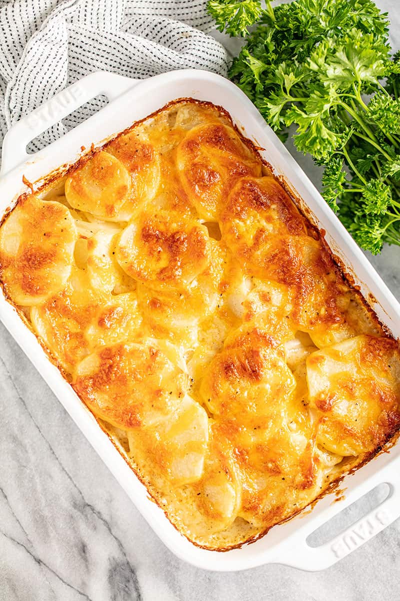 Bird's eye view Cheesy Scalloped Potatoes in a white baking dish.