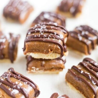 This recipe for salted caramel shortbread bars is filled with three layers of delicious. The bottom layer is a buttery shortbread, the middle layer is a chewy slated caramel and the top is a smooth layer of melted chocolate. Top it with a little extra sea salt and you have an easy sweet and salty treat.