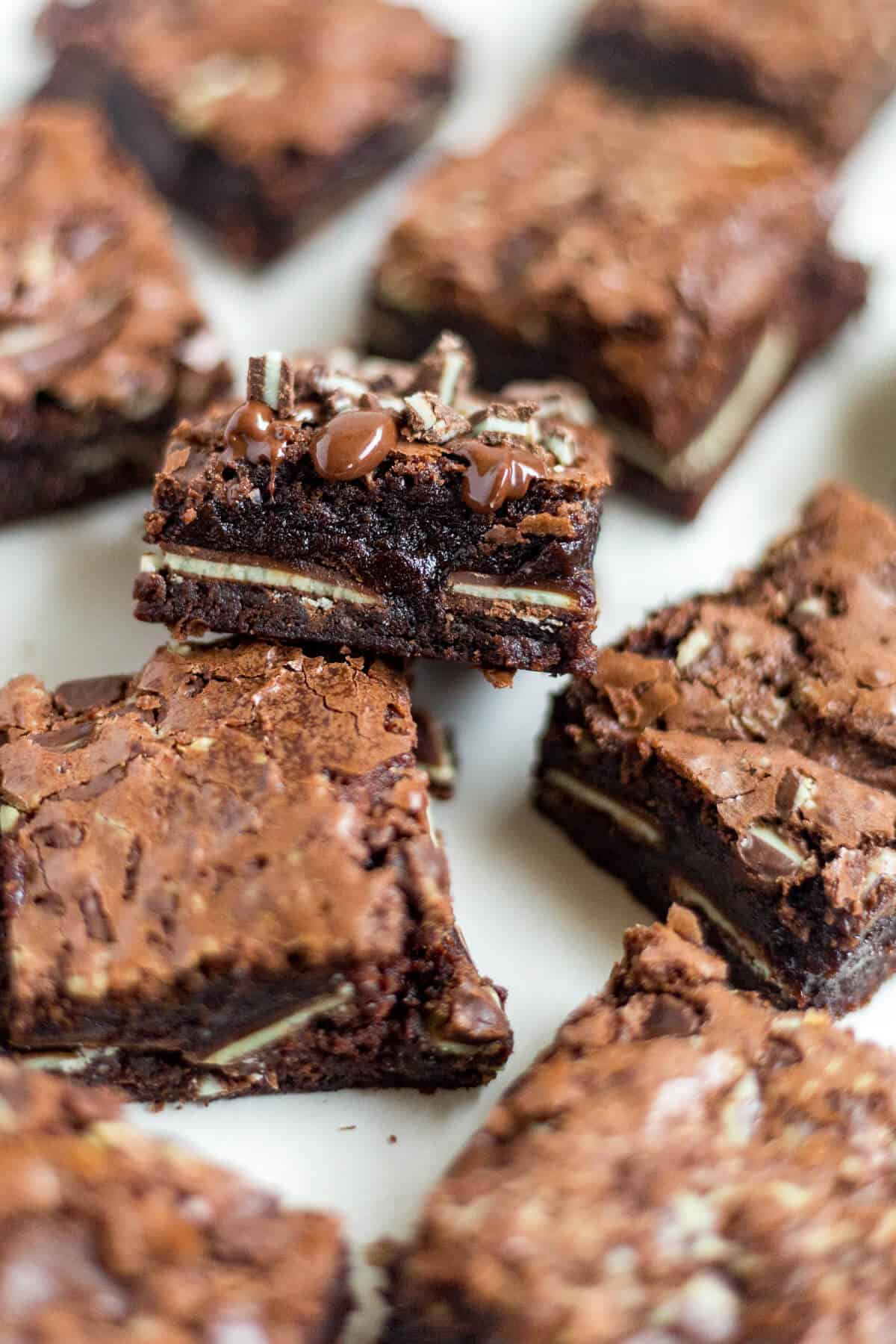 These Andes mint brownies are thick and fudgy! They're homemade brownies with a layer of Andes mints right in the middle. Sprinkle with more chopped mints and drizzle with melted chocolate and serve these at your next holiday party.