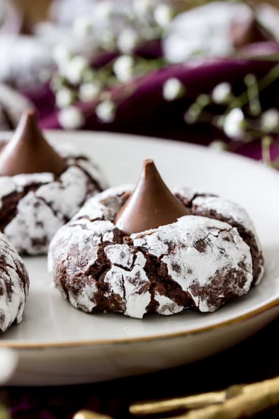 sugar coated chocolate cookies topped off with milk chocolate kisses Chocolate Kiss Cookies