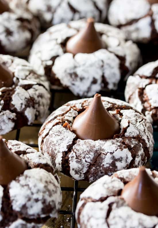 sugar coated chocolate cookies topped off with milk chocolate kisses Chocolate Kiss Cookies