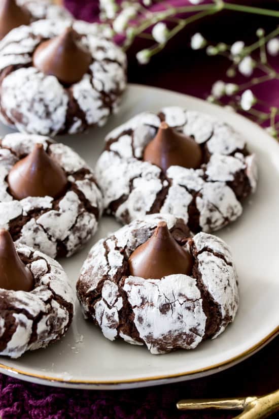 Chocolate Kiss Cookies on a white plate.