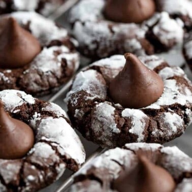 Chocolate Kiss Cookies on a cooling rack.