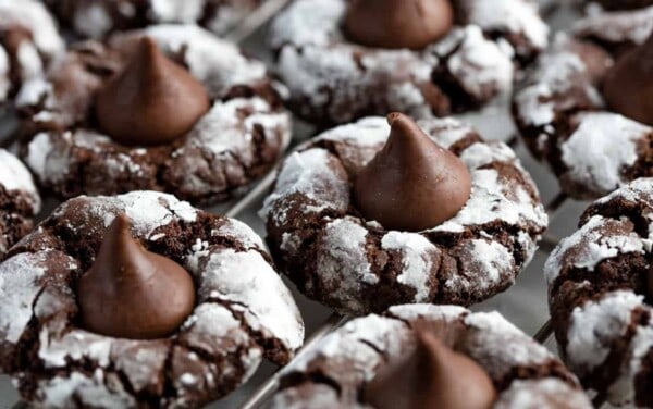 Chocolate Kiss Cookies on a cooling rack.