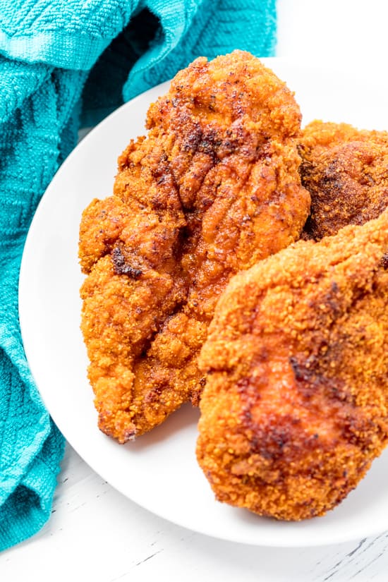 A plate of crispy Secret Ingredient Restaurant Style Fried Chicken