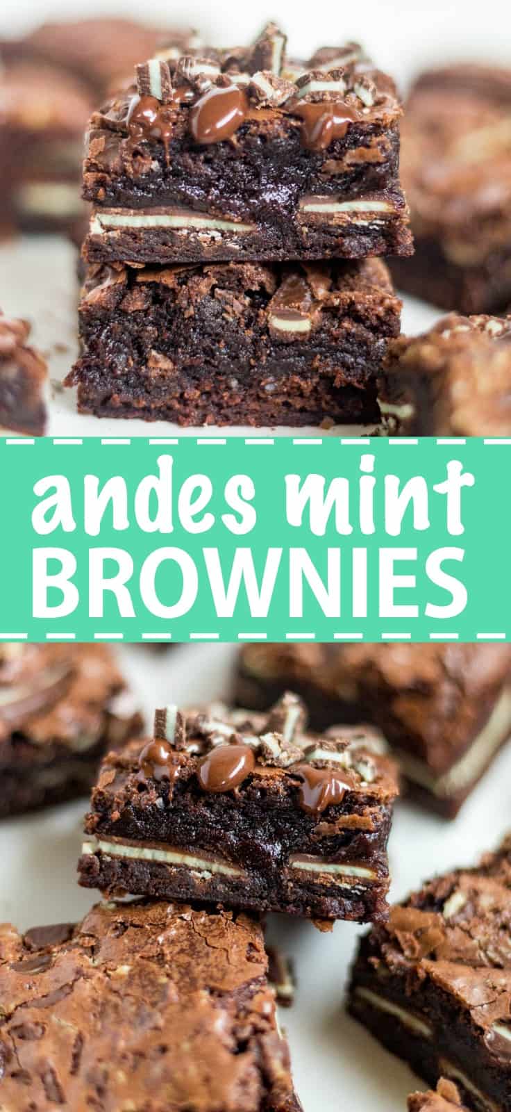 These Andes mint brownies are thick and fudgy! They're homemade brownies with a layer of Andes mints right in the middle. Sprinkle with more chopped mints and drizzle with melted chocolate and serve these at your next holiday party.