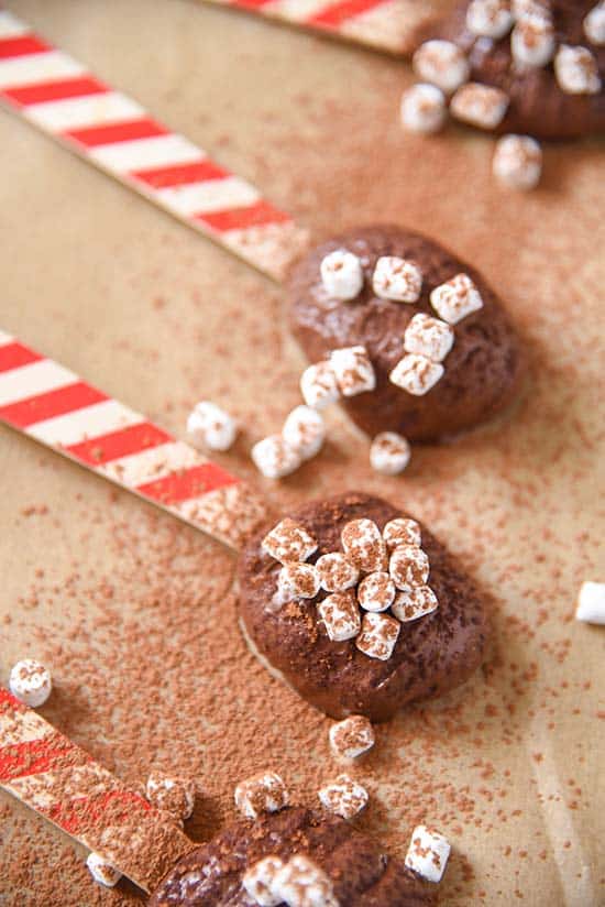 Hot Chocolate Spoons with mini marshmallows and dusted with cocoa powder
