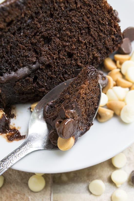 a bite of moist Coffee Chocolate Cake