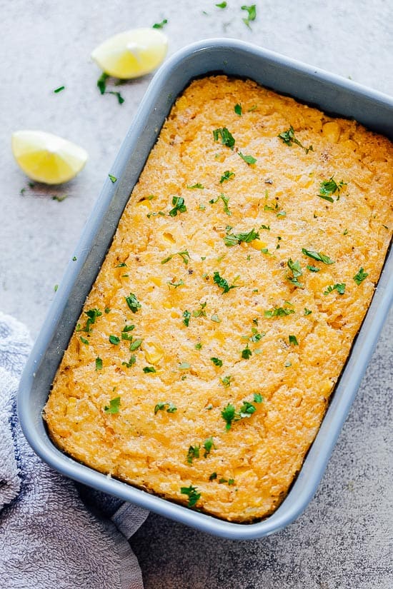 Baked dish of easy corn casserole