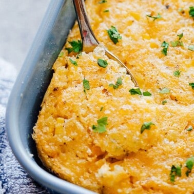 Closeup of a spoonful of easy corn casserole