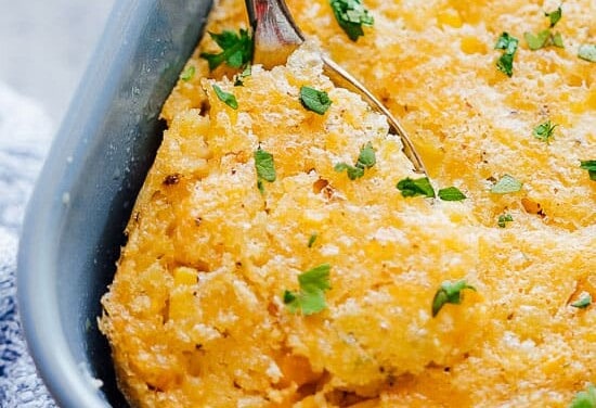 Closeup of a spoonful of easy corn casserole
