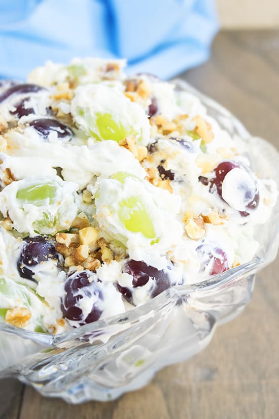 Easy Creamy Grape Salad served in a glass bowl