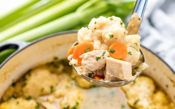 A spoon of old fashioned chicken and dumplings