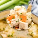 A ladle of Easy Chicken and Dumplings with cubes of chicken, sliced carrots and dumplings