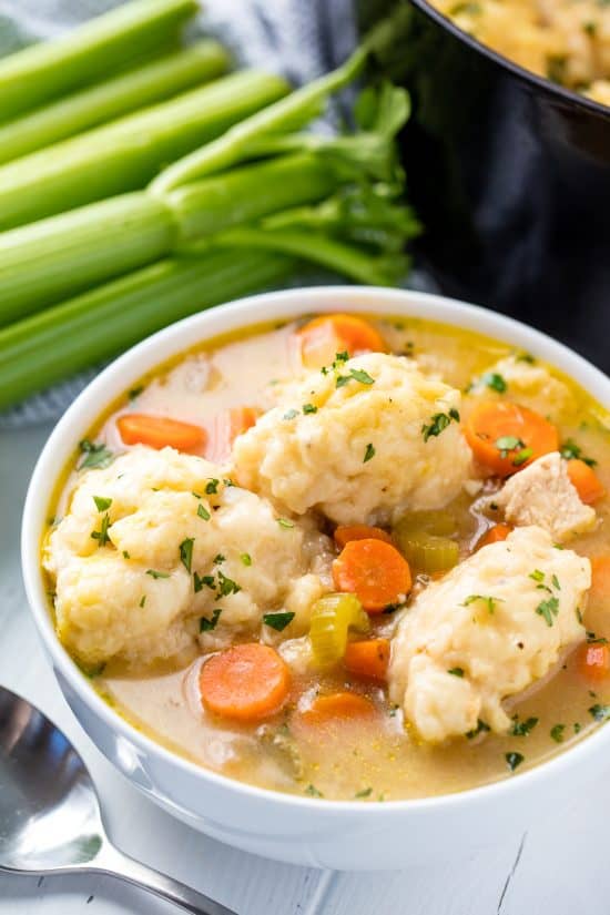 A bowl of chicken and dumplings with chicken, carrots, celery and dumplings