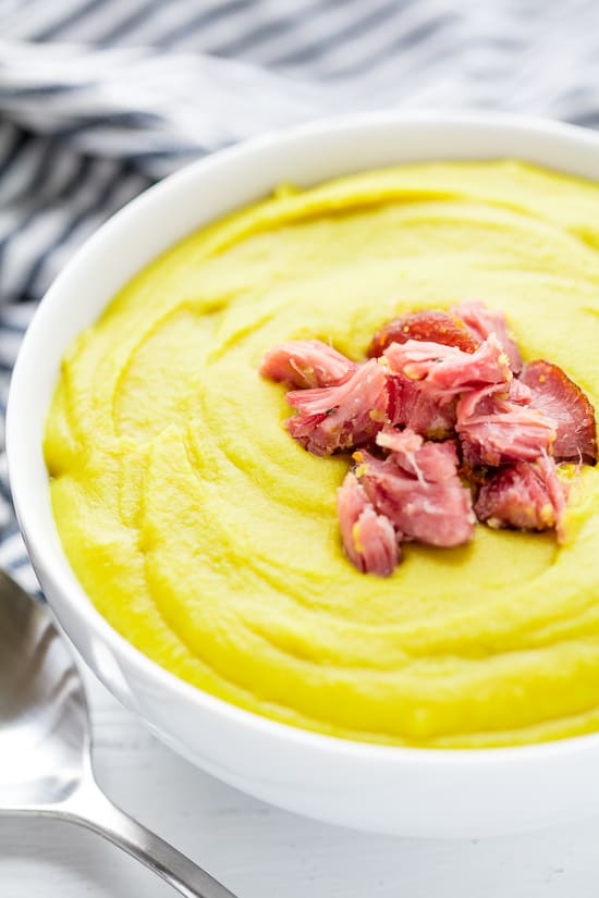 Split Pea Soup topped with ham
