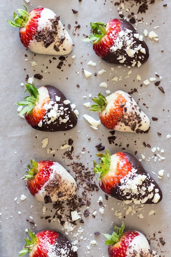 Bird's eye view of Chocolate Covered Strawberries on wax paper.