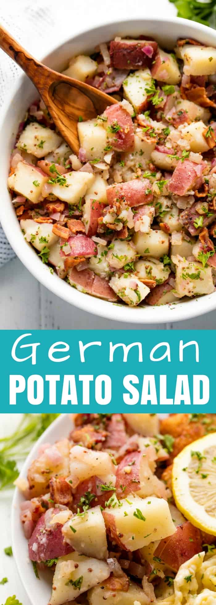 Old Fashioned German Potato Salad is dressed with a dijon vinegar dressing and can be served either hot or cold. 