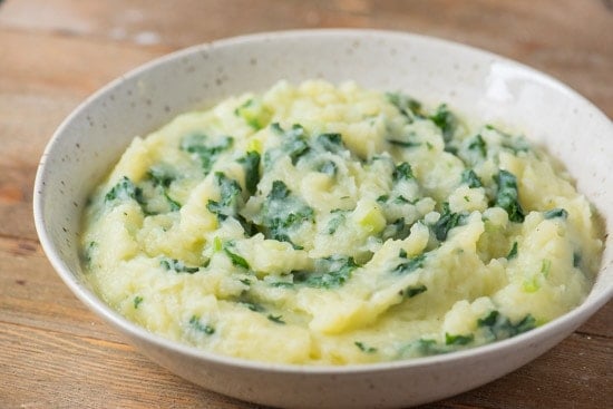 Colcannon in a white bowl.