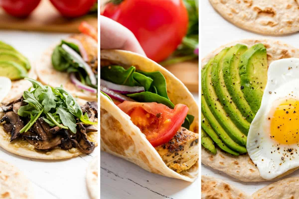 3 close ups of an avocado and egg flatbread, a muhsroomm and arugula flatbread, and spinach, onion, grilled chicken, and tomato flatbread.