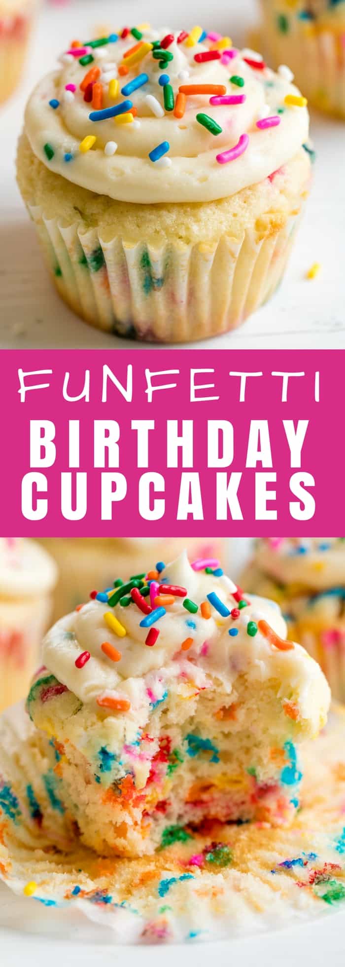These Funfetti Birthday Cupcakes are perfect for any birthday party! Simple to make, no boxed mixes required, and perfectly moist and fluffy.