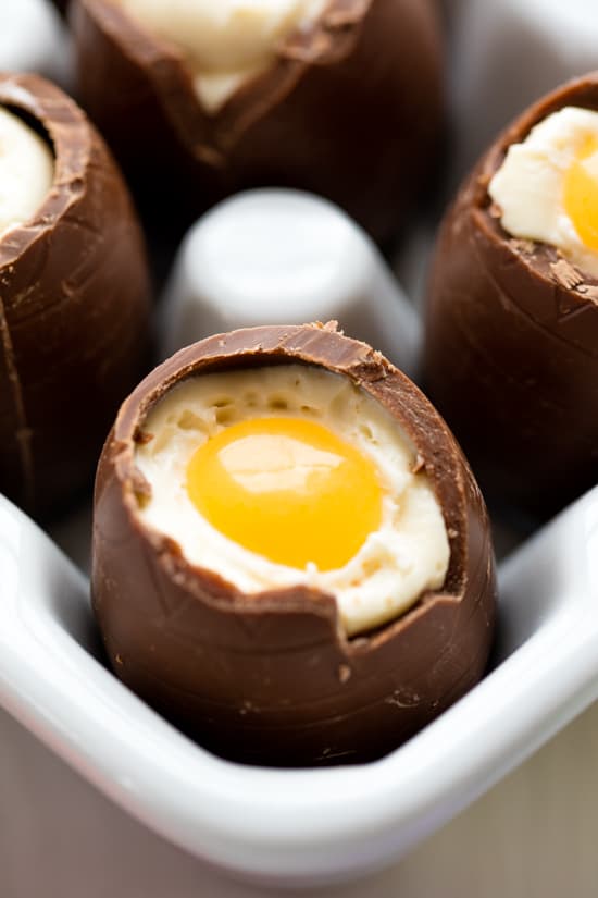Cheesecake Filled Easter eggs in an egg container