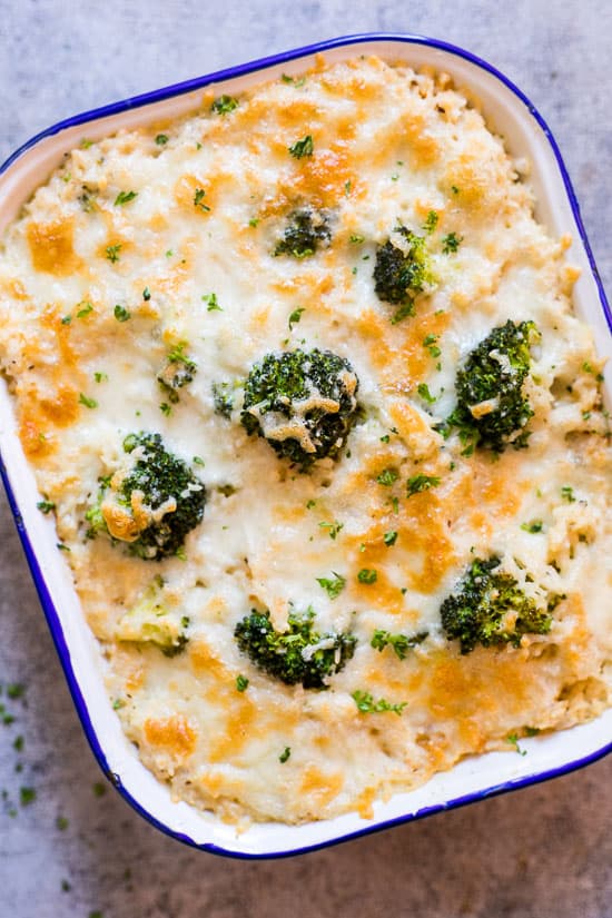 Creamy broccoli rice casserole in a baking pan baked to perfection