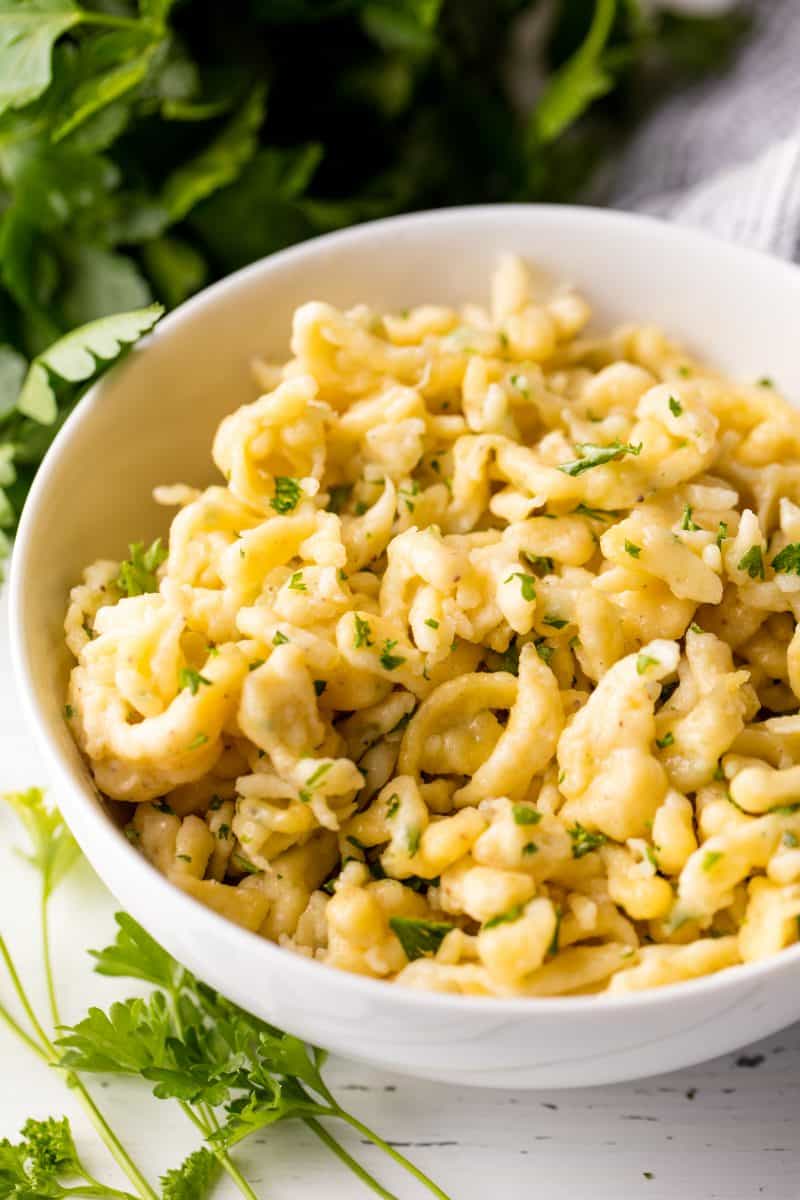 Spaetzle in a white bowl.