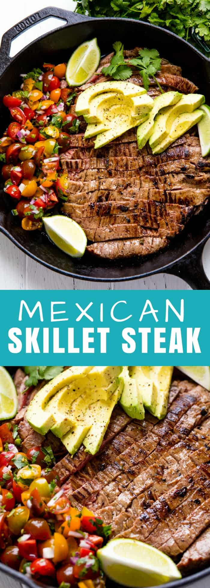 Mexican Skillet Steak is an easy dinner idea with spicy marinated steak and a quick pico de gallo. Serve it up by itself or with rice or tortillas. 