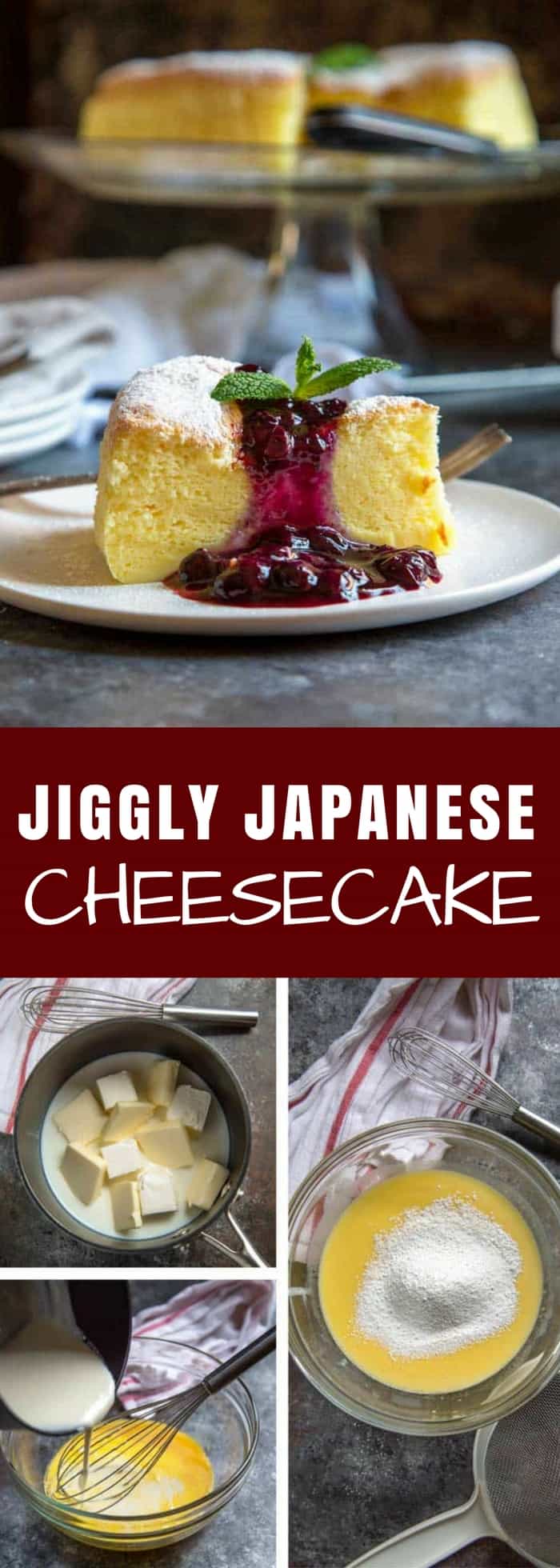 Japanese Cheesecake is made using a cream cheese, egg yolk batter that gets folded into sweet meringue. The result is an almost soufflé like sponge cake that jiggles and is amazingly fluffy. Sprinkled with powdered sugar alone or topped with berries, it's sure to please.