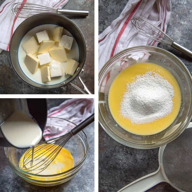 Step by step photo showing melting cream cheese, butter, and heavy cream until smooth, drizzling the melted ingredients onto whisked eggs, then adding flour and corn starch.
