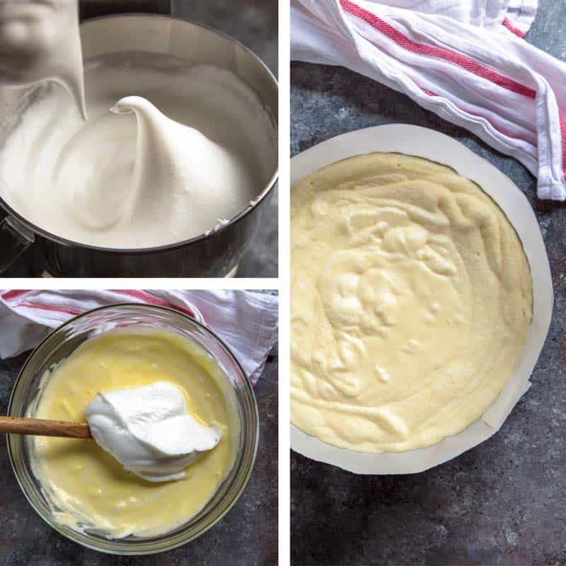 Step by step photo egg whites beaten to have soft peaks, adding a third fo the egg whites to yolk mixture, then showing the mixture in a parchment paper-lined spring pan. 