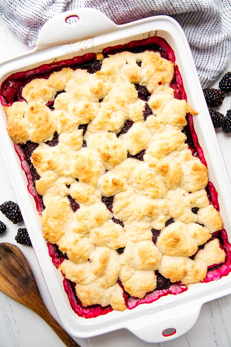 Bird's eye view of Blackberry Cobbler in its baking dish.