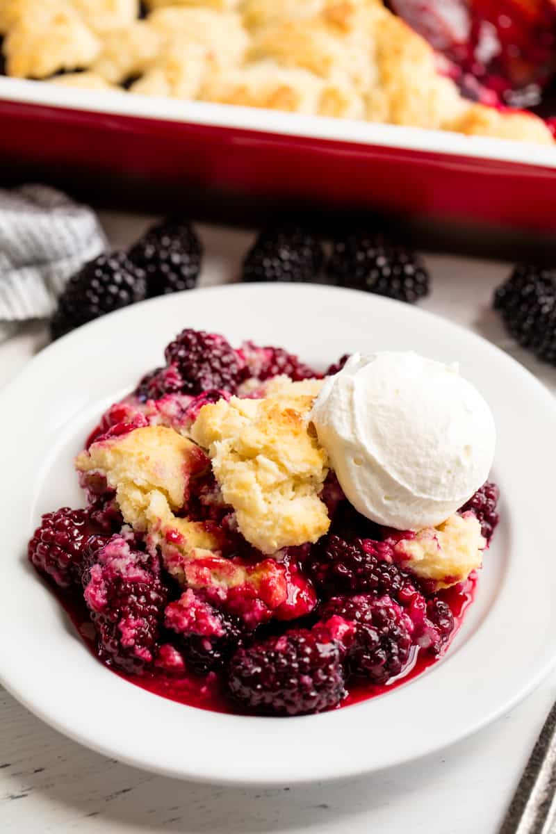 Blackberry Cobbler served up with a scoop of ice cream on top of it on a white plate.