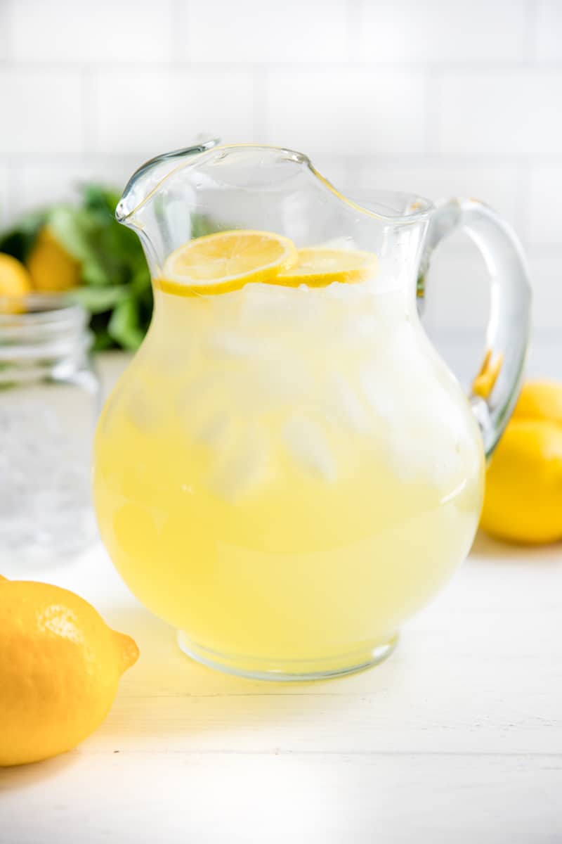 Homemade Lemonade in a glass pitcher.