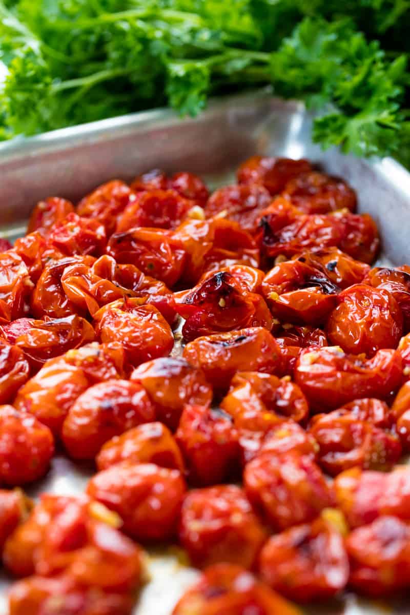 Oven Roasted Cherry Tomatoes on a baking sheet