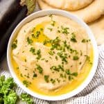 overhead view of a bowl of baba ganoush