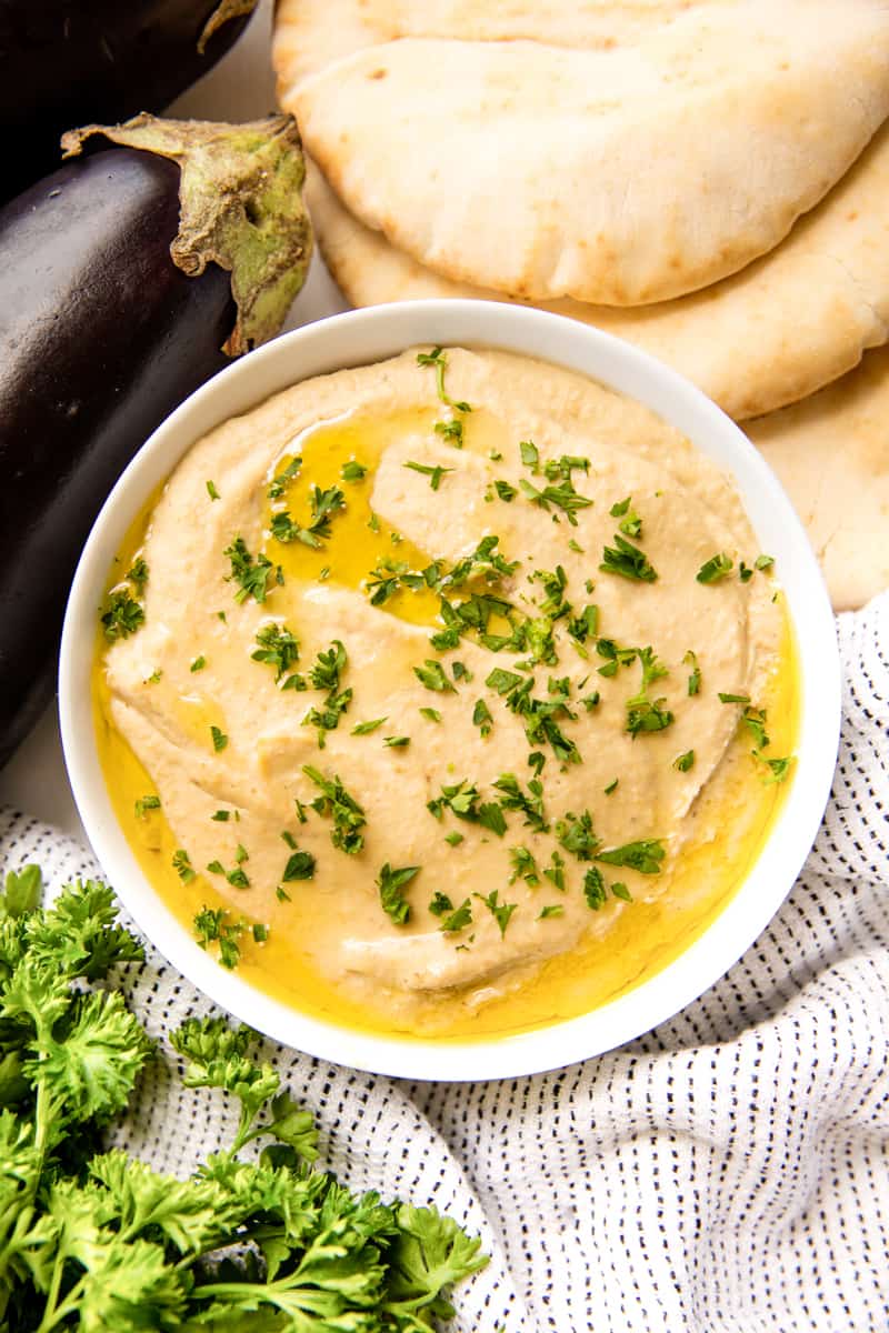 overhead view of a bowl of baba ganoush