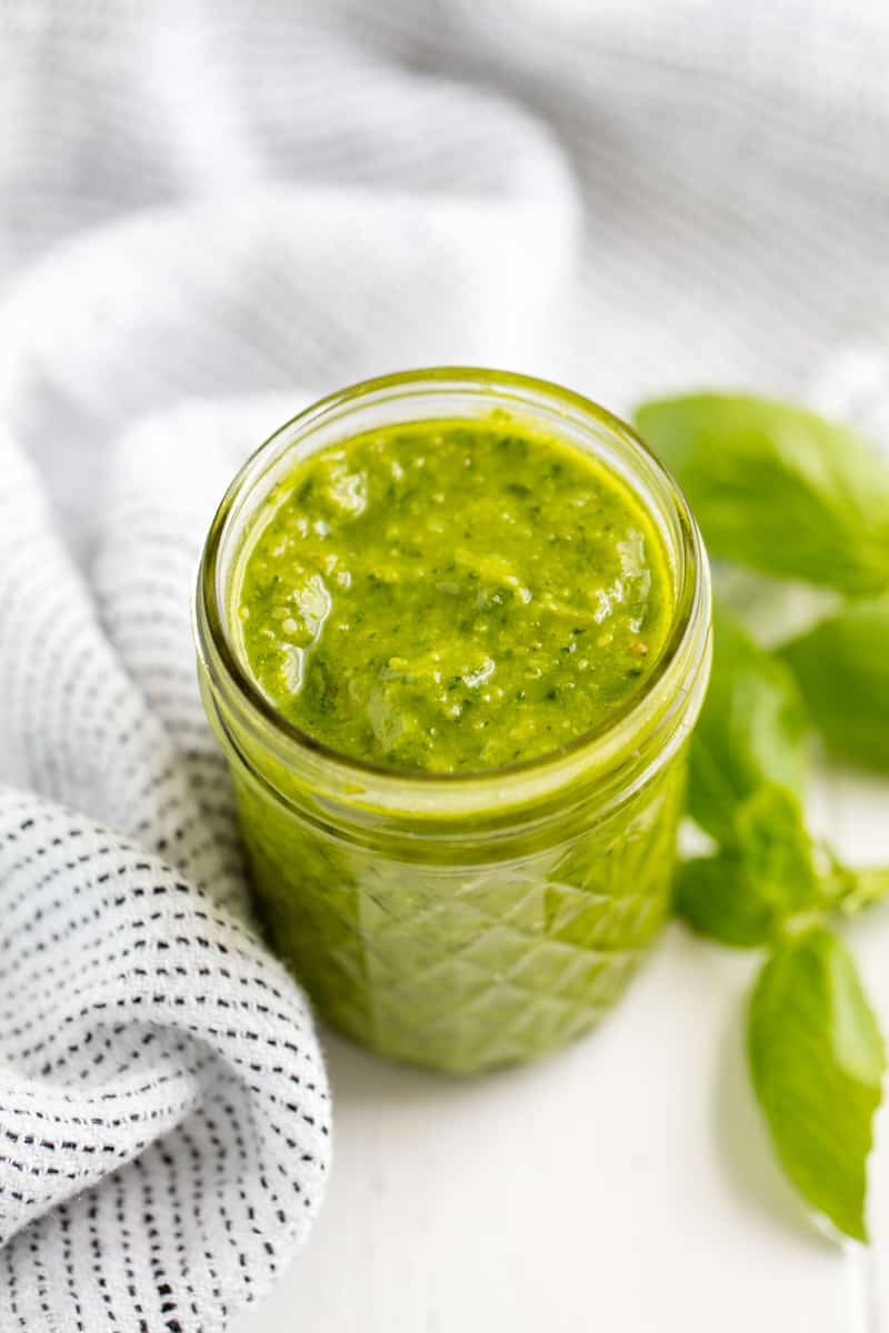 Fresh Simple Basil Pesto in a mason jar 