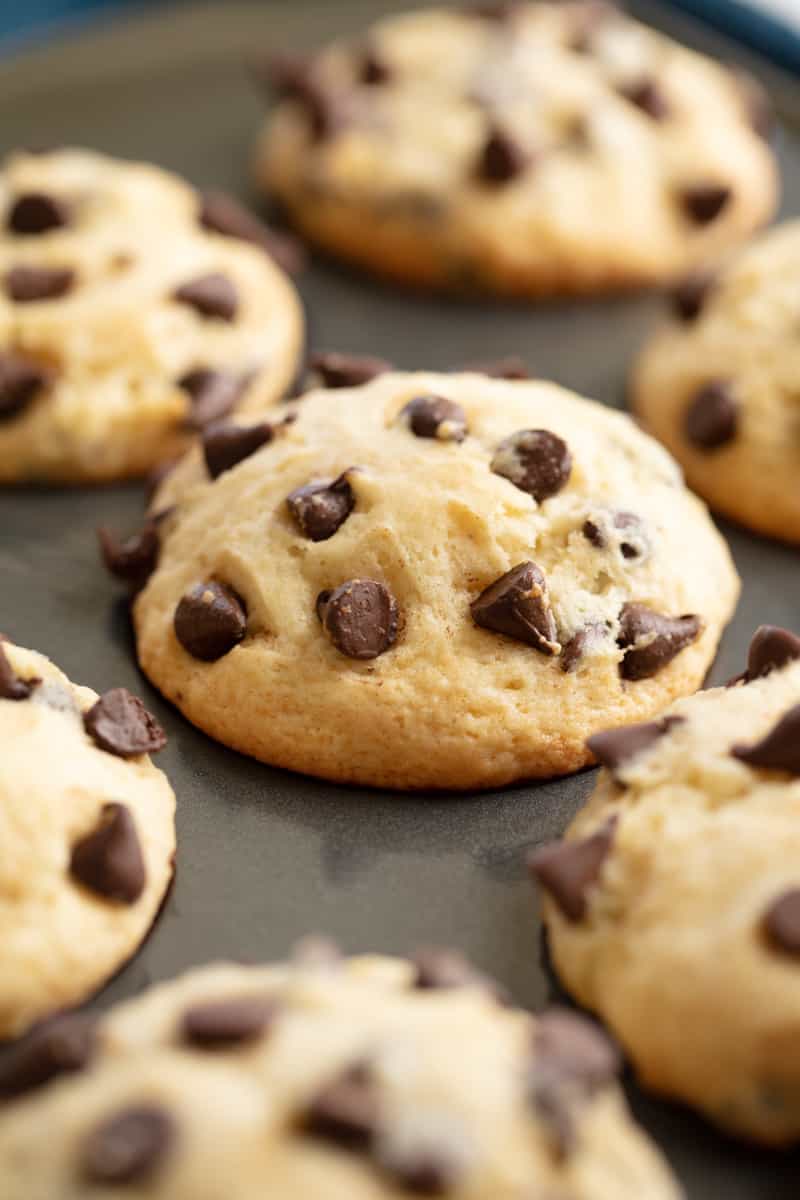 Chocolate Chip Muffins in a muffin tin. 