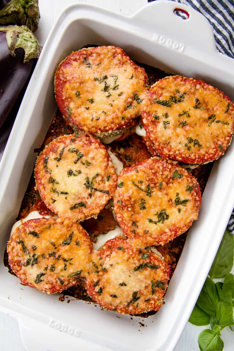 Birds eye view of Eggplant Parmesan in a baking dish.