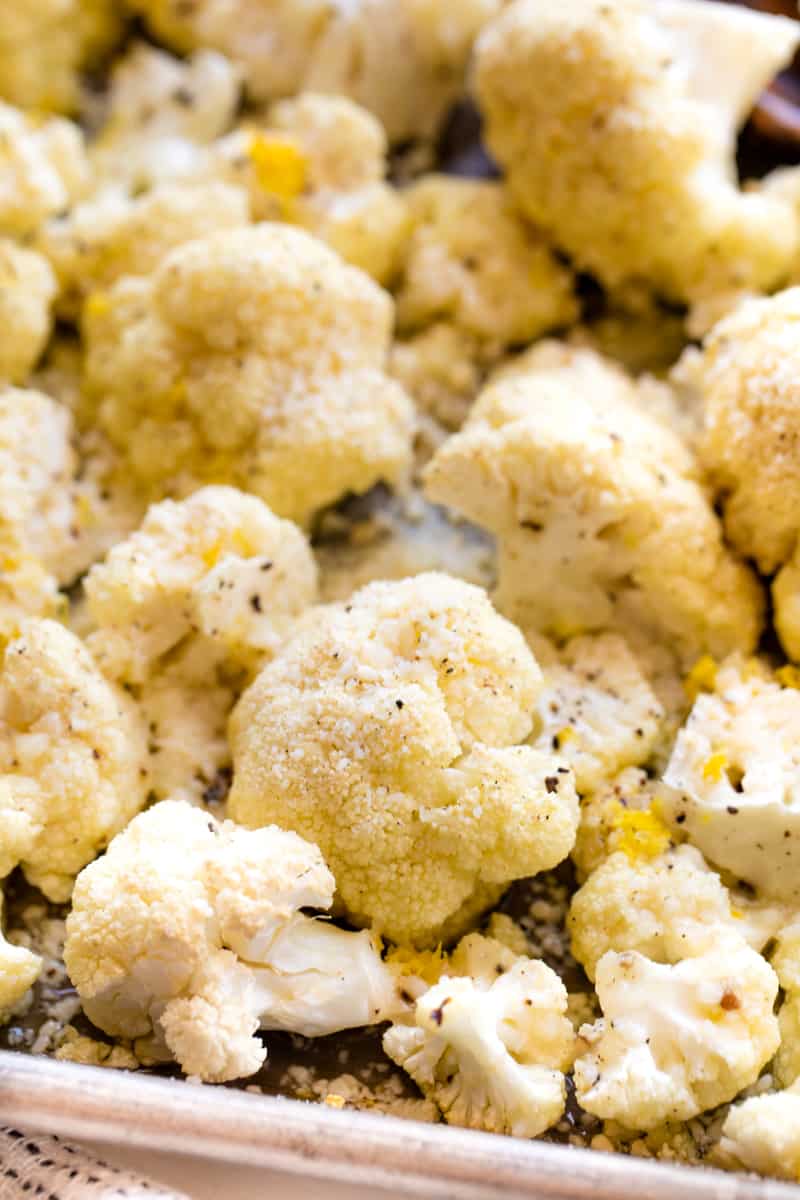 Close up of Roasted Cauliflower on a baking sheet.