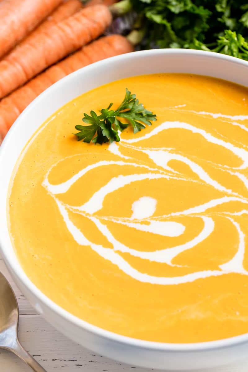 Carrot Soup in a white bowl.