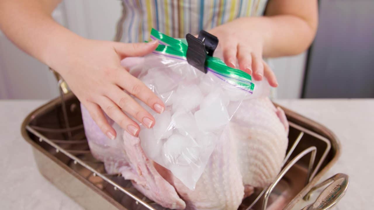 Chilling turkey breasts by putting two bags of ice on them.
