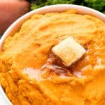 Deliciously easy Cinnamon Honey Butter Mashed Sweet Potatoes are a delightful side dish to Cinnamon Honey Butter Mashed Sweet Potatoes