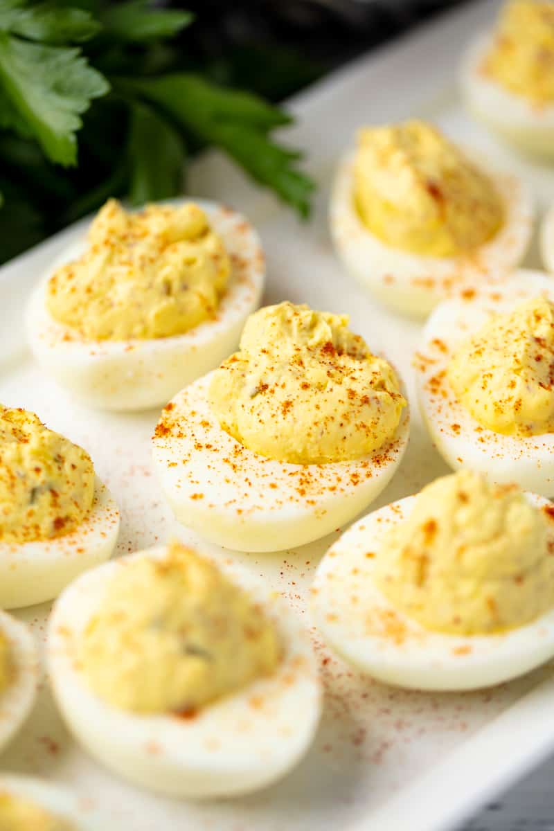 Deviled Eggs on a white plate.
