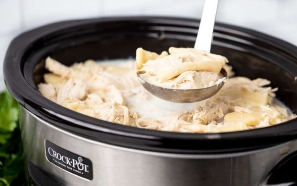 Three-quarter view of slow cooker with a full ladle of chicken and dumplings.