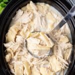 Bird's eye view of a ladle full of Chicken and Dumplings in a slow cooker.