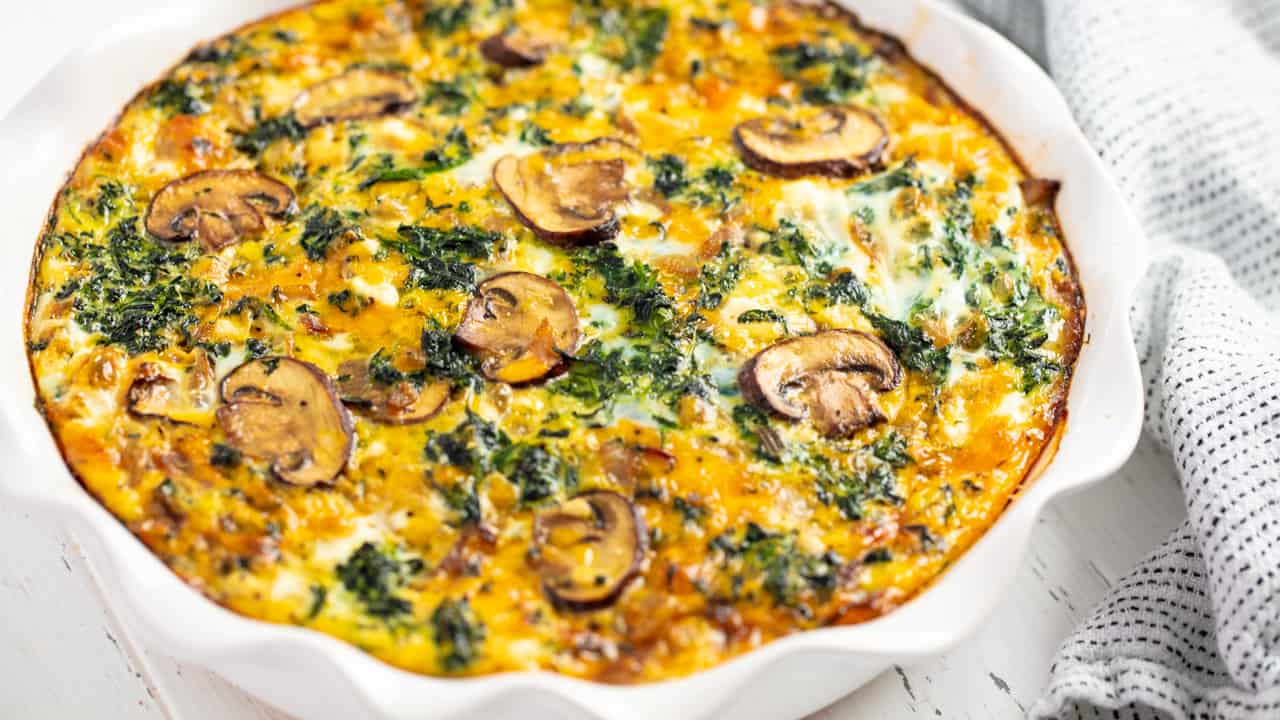 Crustless Spinach Quiche in a baking dish.